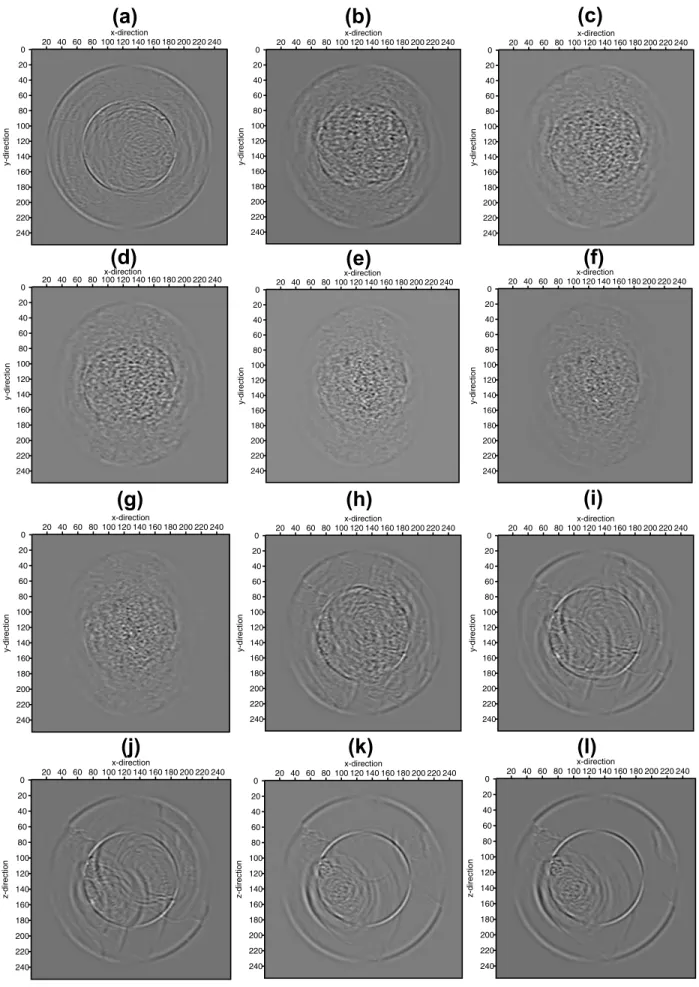 Figure 3. Snapshots taken at 350 ms after the initialization of the source. (a)–(i) correspond to the respective fault patterns in Fig