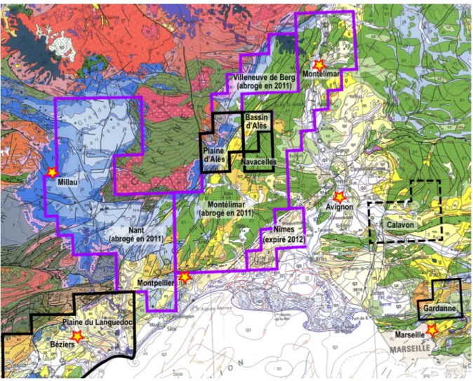 Fig. 1 : Carte des permis d’exploration (données le BEPH) superposés à la carte géologique au millionième du  BRGM