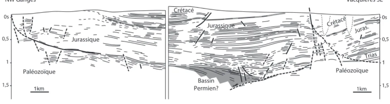 Fig. 4 : Des profils de sismique réflexion acquis dans les garrigues Montpelliéraines permettent d’imager des  structures  profondes  (zone  grisée),  interprétées  comme  des  bassins  sédimentaires  d’âge  Permien,  localisés  contre des failles extensiv