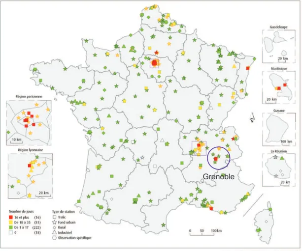 Figure II.1 : nombre de jours de dépassement de la valeur de 50 µg.m -3  de PM 10  en France  en 2013 (Rapport bilan de la qualité de l’air en France en 2013, 2014).