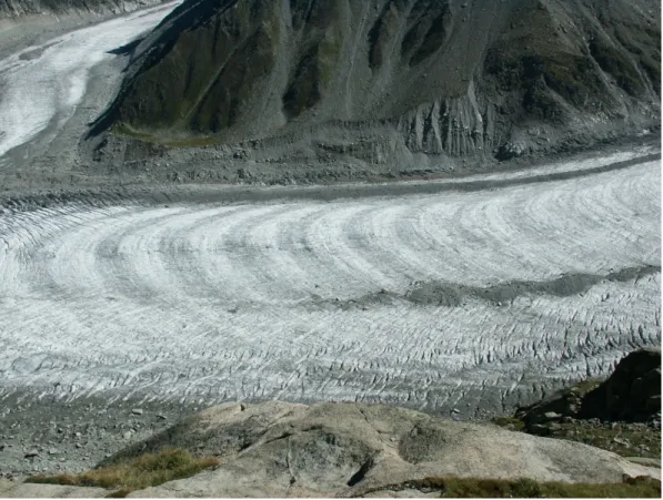 Figure 2.1 – Bandes de forbes sur le glacier de la Mer de glace (Chamonix). Cr´ edit : Christian Vincent.