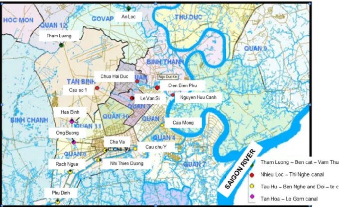 Figure 2-8. Sampling sites in urban canals network and the Saigon – Dongnai River basin  (source: CEM-DONRE)
