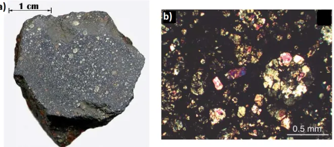 Figure 1.2: (a) A chunk of the Murchison meteorite. (Image from Northern Arizona University) (b) a thin section of the Dar al Gani 186 carbonaceous chondrite showing