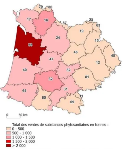 Figure 6. Répartition des ventes de produits phytosanitaires sur le bassin Adour-Garonne   (Agence de l’Eau Adour-Garonne 2014) 