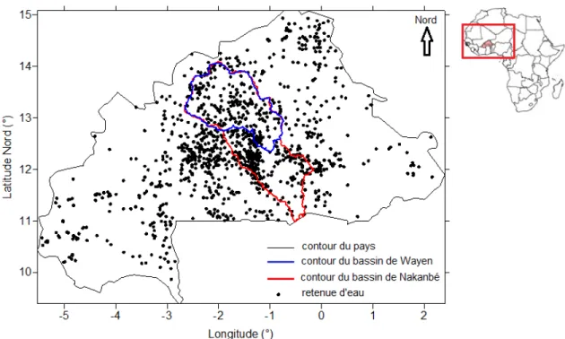 Figure 1.1: Répartition spatiale des retenues d’eau sur le territoire du Burkina Faso (base des données de la DGRE)