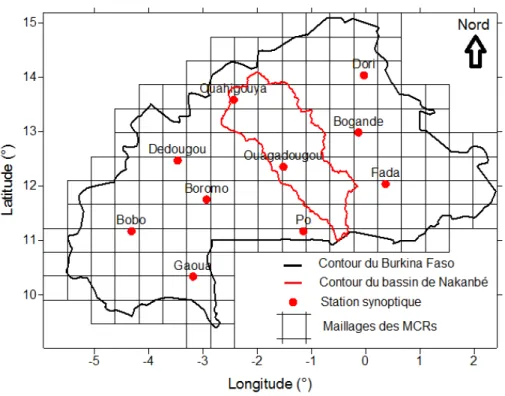 Figure 2.12: Réseau de mesure des paramètres climatiques de l’étude et les mailles des MCRs au Burkina Faso