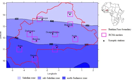 Figure 5.5: Synoptic stations with the co-located RCMs grid box over Burkina Faso