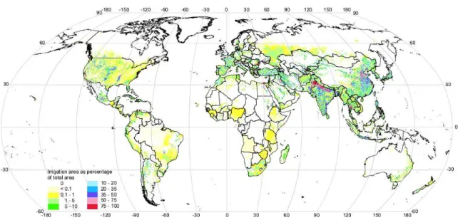 Fig. 1.3  Carte globale digitale des aires équipées en irrigation vers 2000 (%