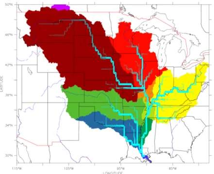 Fig. 3.4  Localisation des sous-bassins du bassin du Mississippi. L'Ohio et le Missouri sont respectivement en jaune et brun.