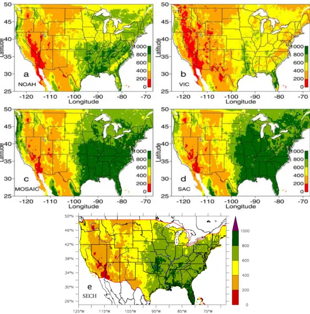 Figure 4.4: Annual mean evaporation (mm.y −1 ) over the United States, for the mean time period 1st October 1997-30 September 1999, from (a) NOAH, (b) VIC, (c) MOSAIC (d) SAC and (e) SECHIBA