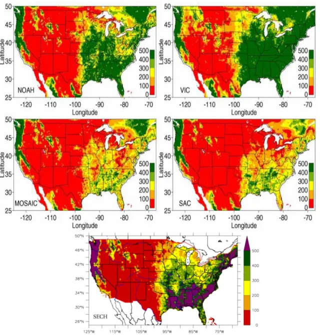 Figure 4.5: Same as Fig.4.4 but for annual mean total runoff ( mm.y −1 ). The rst four maps were taken from Lohmann et al