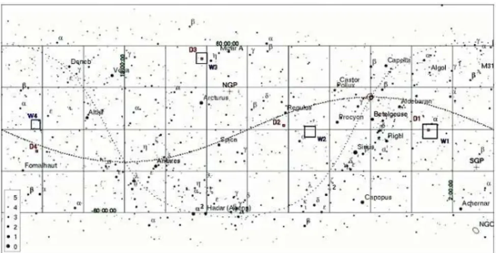 Fig. 5.1 – Carte montrant les positions des champs CFHTLS-Deep et CFHTLS-Wide sur le ciel (http://www.cfht.hawaii.edu/Science/CFHLS/cfhtlsdeepwidefields.html)