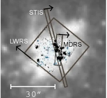 Fig. 4.2 – Positions des fentes par rapport à l’amas stellaire. L’image de fond est prise du survey POSS2 (bande B)