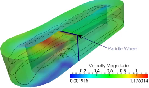 Figure 11 : 3 D representation of the water volume and its velocity field in the numerical simolations