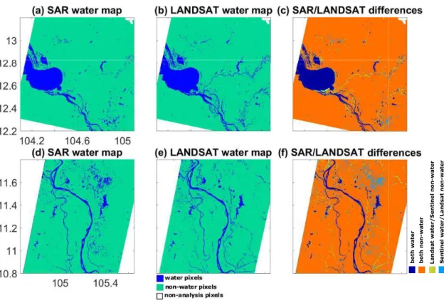 Figure 3.10 shows results of the NN classification applied over the Tonle Sap Lake in Cambodia (top) and over the Mekong river in Vietnam (bottom), in February 2016