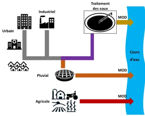 Figure I-11: Schéma des sources d'apport anthropique en MOD pour les milieux aquatiques 