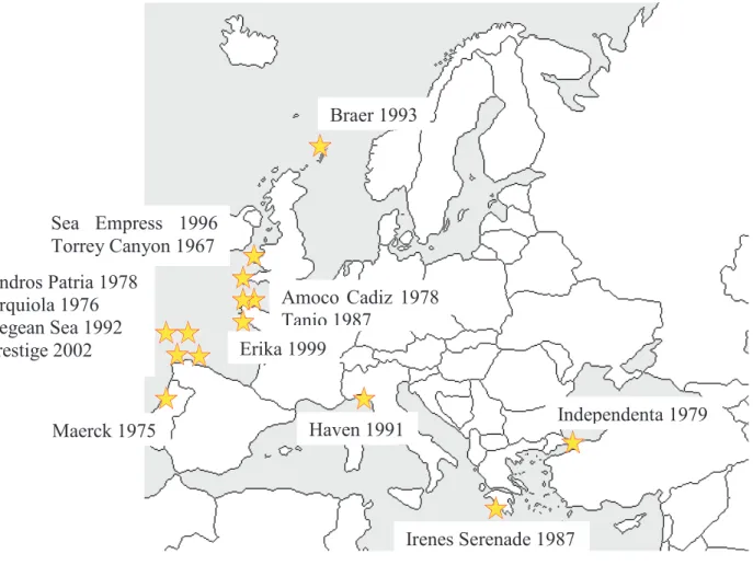 Figure 2. Carte des principaux déversements de pétrole accidentels en Europe depuis 1967
