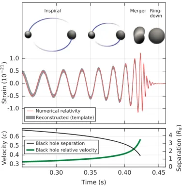 Figure 2.2: Theoretical signal of the binary black hole coalescence corresponding to GW150914