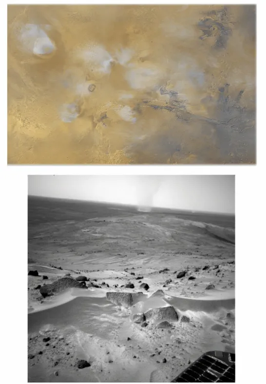 Fig. 4 – Deux exemples de ph´ enom` enes atmosph´ eriques r´ egionaux sur Mars. L’image du haut est une photographie de la cam´ era MOC de la sonde Mars Global Surveyor acquise en avril 1999 au cours d’une apr` es-midi de l’´ et´ e nord de Mars