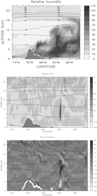 Fig. I.6 – R´ esultats de simulation WRF dans la r´ egion de la Cordilli` ere des Andes le 8 f´ evrier 2005 ` a 12 : 00 UTC (m´ eridien Greenwich)