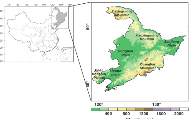 Figure 1. Geographic location of Northeast China (NEC) and spatial distribution of the  elevation over NEC