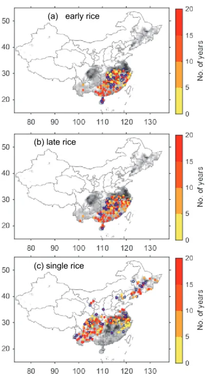 Fig. 1. Spatial distribution of agrometeorological stations in China for (a) early rice,  (b) late rice, and (c) single rice