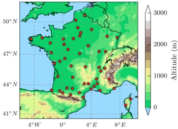 Figure 5.1 – Topographie de la France et emplacement des 49  sta-tions retenues sur la période 1990–