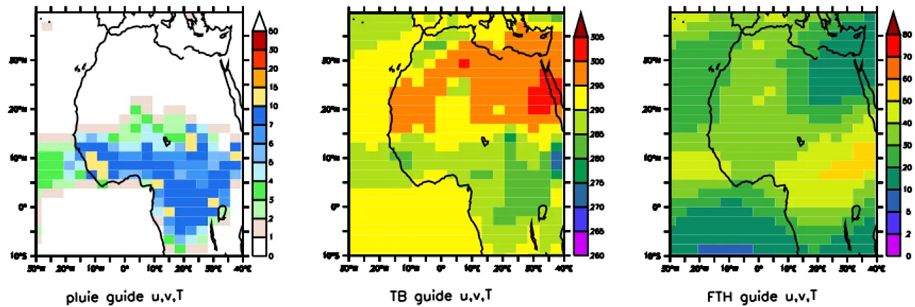 Figure 4.12  Précipitations (mm/jour), TB (K) et FTH (%) en moyenne sur la saison de mousson 2006 pour les simulations &#34;guide u,v&#34; et &#34;guide u,v,T&#34;.