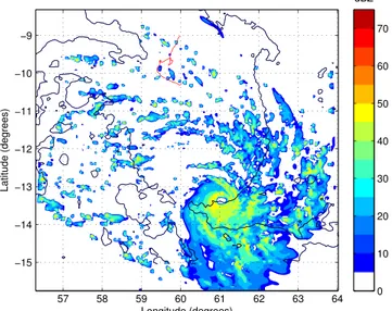 Figure 3. Simulated radar reﬂectivity in D03 at 2200 UTC and balloon trajectory on 15 February 2010 (red line)