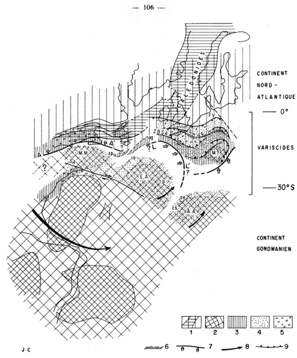 Fig.  6.  —  Le  développement  des  Variscides  médio  et  ouest-européennes  dans  le  contexte  péri-atlantique  des  orogènes fini-paléozoïques.