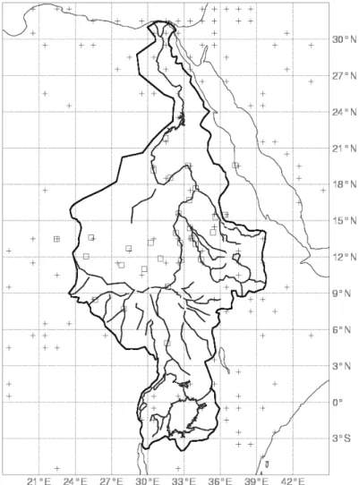 Fig.  5: Location of the precipitation stations (+ GPCC,  ڤ Sudan gauging stations)  