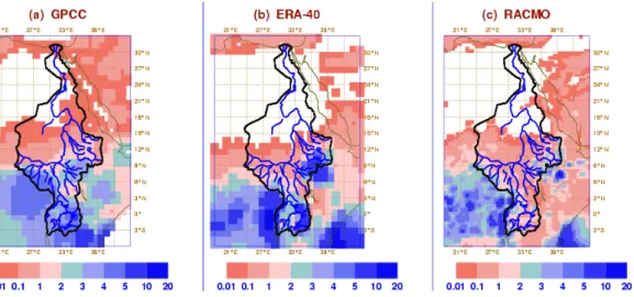 Fig. 9. Map results of MAM 1999 precipitation in mm/day GPCC, ERA-40 and RACMO model.