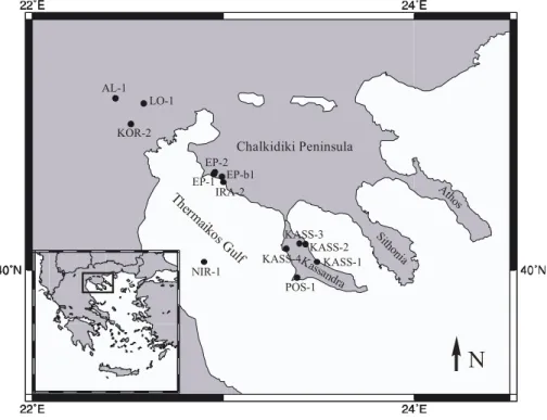 Fig. 1. Schematic map of Chalkidiki Peninsula, where the location of the studied drill cores is shown.
