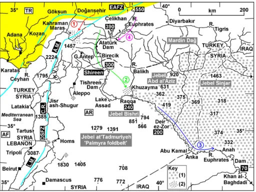 Fig. 1. Map locating the study area in relation to the River Euphrates (with its altitude a.s.l