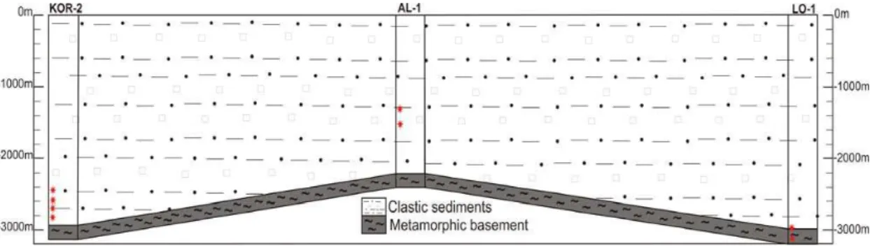 Fig. 2. Lithostratigraphy of all studied cores. Red dots show the depths where drill cores were taken.
