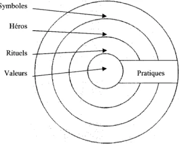 Figure  1.1 :  Les «pelures d'oignons» ou les différents niveaux de manifestations d'une culture (Hofttede,  1994,p.24) 