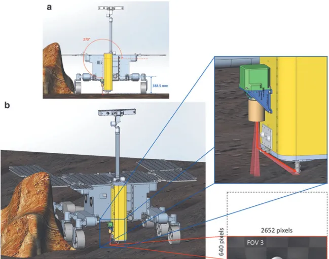 FIG. 12. Drill position during drilling operation observation (a) and CLUPI FOV 3 looking at the fines during the drilling (b).