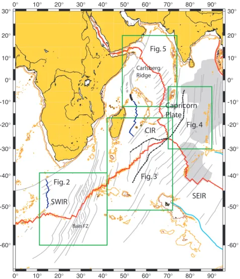 Figure 1. Tectonic elements in the Indian Ocean. Active spreading ridges are shown in red