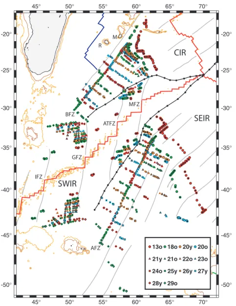 Figure 3. Magnetic anomaly picks and fracture zone locations used in this study from the eastern end of the SWIR and from the African side of the CIR and Antarctic side of the SEIR