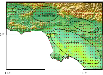 Figure 14. The geographical distribution of the 636 southern California sites (triangles) where ground motions are computed.