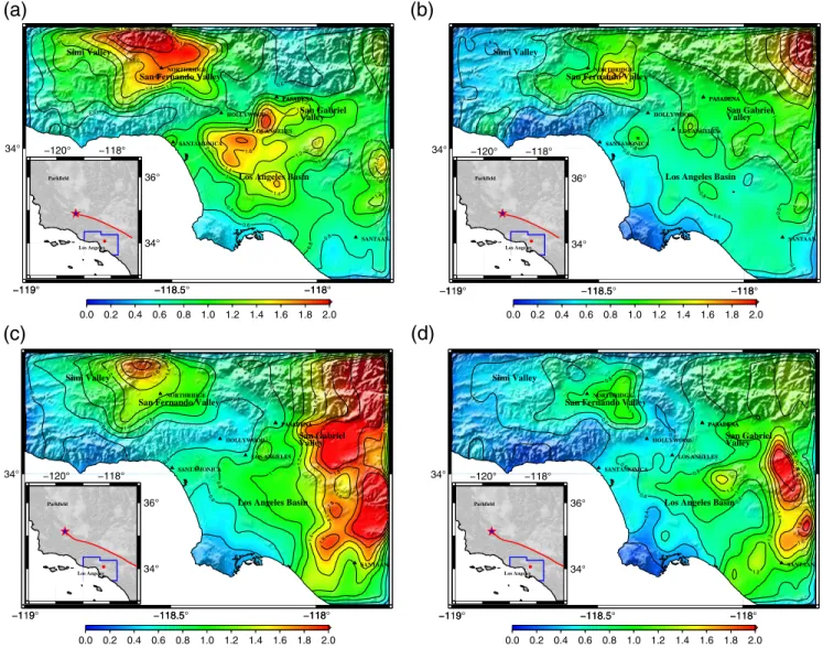 Figure 19. East – west and north – south components of peak ground displacement ( PGD ) (m) from a north-to-south propagating M w 7.9 rupture at location 3 on the southern San Andreas fault: (a) and (b) the stochastic median source model, and (c) and (d) t