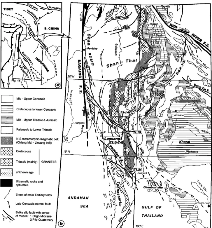 Figure 1. Structural  and geological  sketches  of SE Asia showing  location  of studied  areas  in northwestern  Thailand