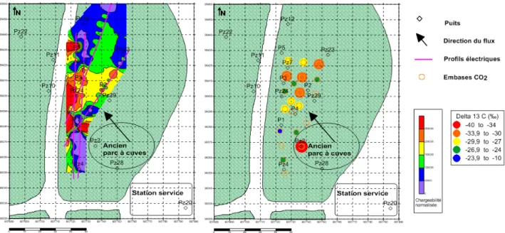 Figure 2 : Carte de la chargeabilité normalisée à 2.5 m de profondeur (à gauche) et carte des  δ 13 C(CO 2 ) à droite 