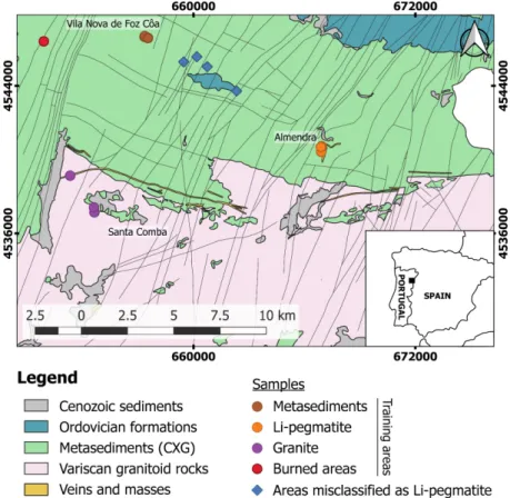 Figure 1.  Location of  the  study area  and  geological  setting of  the  Portuguese  side of  the  Fregeneda-Almendra pegmatite  field  (adapted  from  [11,  12])