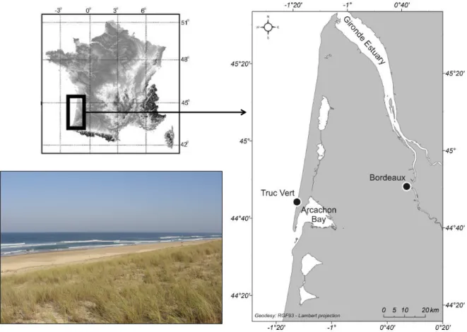 Figure 3 : Localisation et photographie de la plage du Truc Vert. 