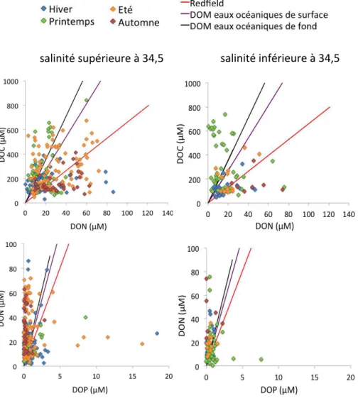 Figure  22 :  Rapports  C/N  et  N/P  déduits  des  concentrations  en  DOC,  DON  et  DOP  des  eaux porales de la plage du Truc Vert