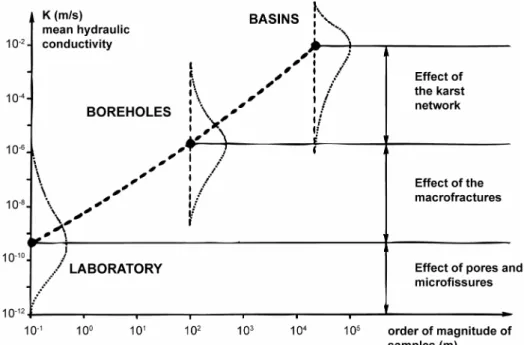 Figure 3.4 : Effets d’échelle sur la conductivité hydraulique des aquifères karstiques, d’après Kiraly  (2003)  