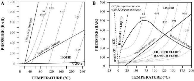 Figure  13:  Diagrammes  PT  de  différents  systèmes  aqueux.  A)  Système  H 2 O  (Goldstein  &amp; 