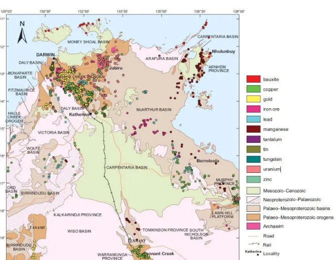 Figure 1-4 : Location of significant mineral commodities in the Northern Territory. After Ahmad and  Munson (2013) 