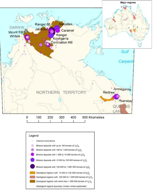 Figure 1-9: Location, grade of the uranium deposits or prospects and uranium-rich regions in the  McArthur Basin and its basement (McKay et al., 2010)